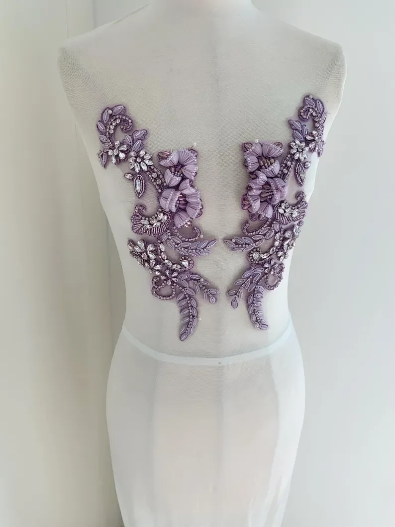 

1 Pair 3D Purple Bead Floral Patch For Dress Apparel For Couture Dance Costume Bridal Dress Ball Gown
