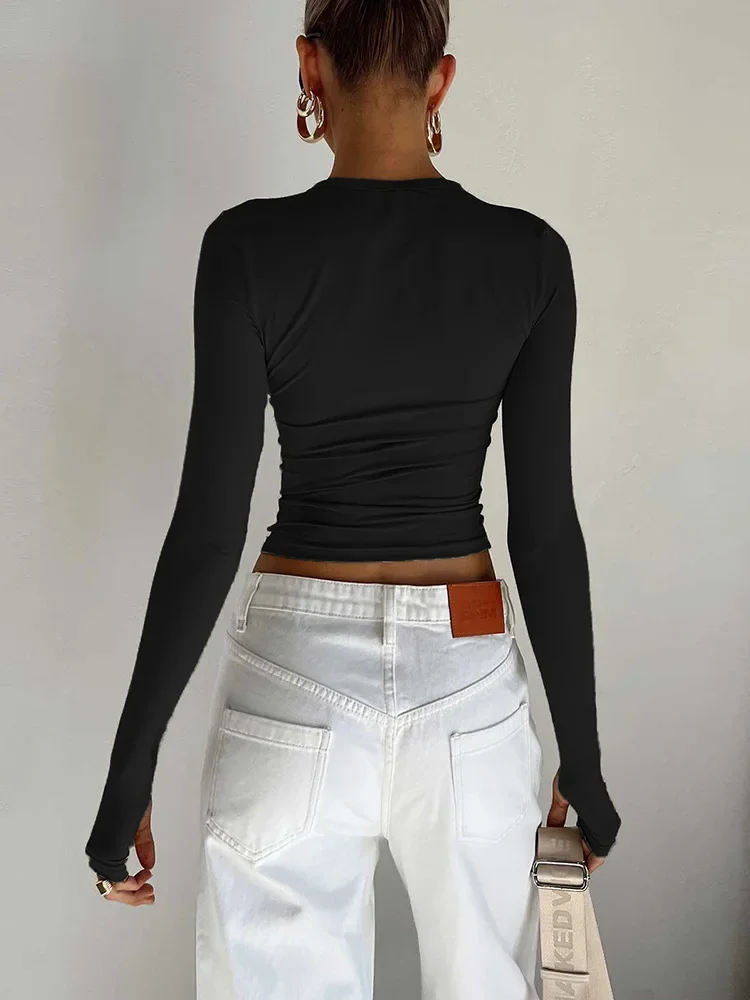 Mode femmes T-shirt à manches longues col rond solide coupe ajustée dames haut court avec trous pour les pouces pour le quotidien Streetwear été Camis