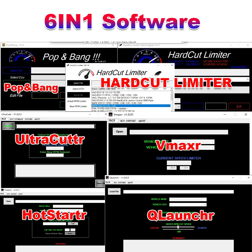ECU-Software 6-IN-1-PAKET HardCut-Begrenzer Diesel + Benzinmotor UltraCuttr + Pop&Bang + HARDCUT VMAX + HotStartr + QLaunchr