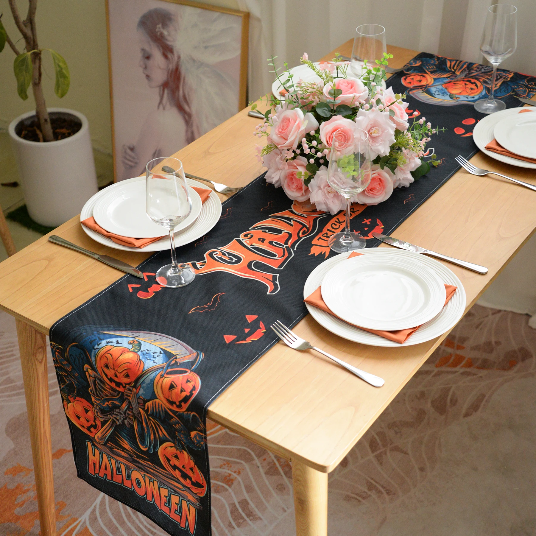 Halloween Vintage Rectangle Table Runner,Reusable Polyester Tablecloths,Smooth Table Cover for Outdoor Dining Table,Black