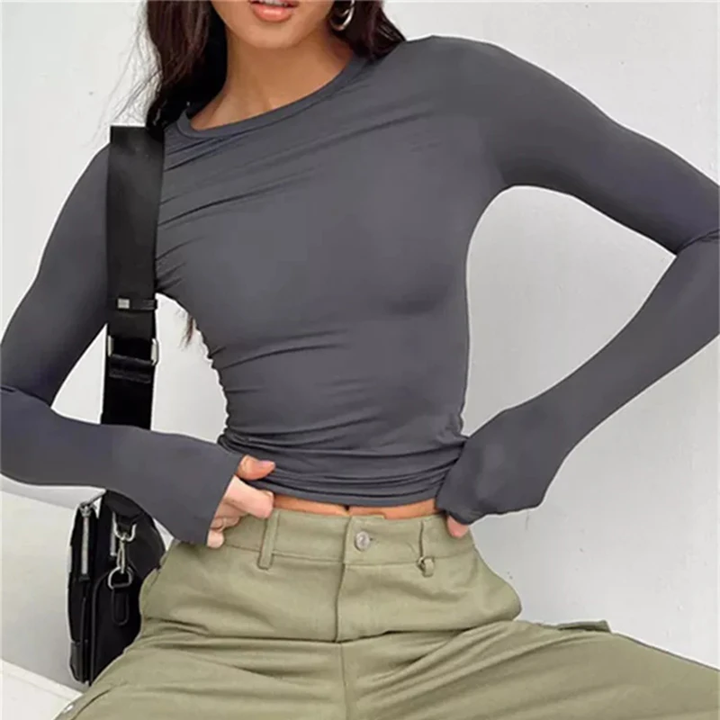 TUSHANGGE Damska koszulka z długim rękawem, wiosenno-jesienna, gładka, codzienna bluzka, damski sweter, T-shirt, ubrania Y2k, streetwear, crop topy