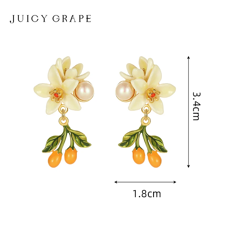 Juicy Grape White Orange Blossom Pearl Earrings for Women Small Kumquat Pendant Enamel Flower Earring 925 Sterling Silver Needle