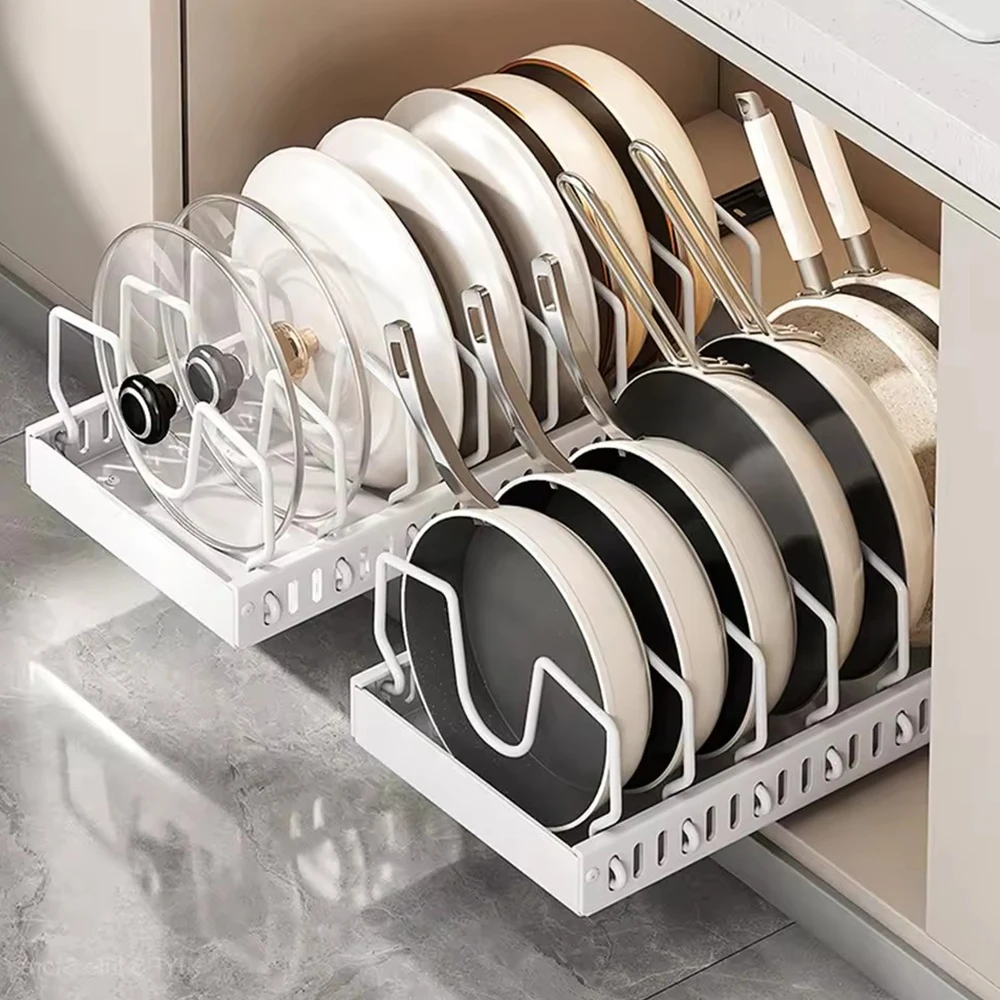 Organizador de ollas y sartenes debajo del gabinete, soporte para tapa de olla deslizante y estante para sartenes, almacenamiento de platos de cocina, divisores ajustables