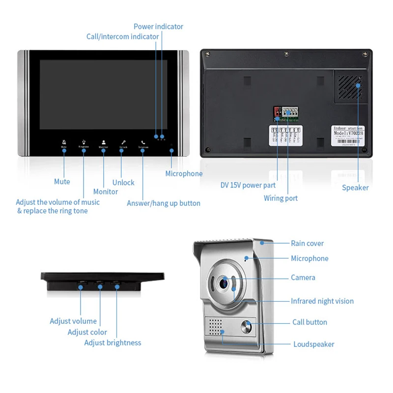 7-Inch Video Intercom Doorbell Night Vision Rainproof One-Touch Unlocking 800*480 Home Smart Visual Doorbell 90° Wide Angle