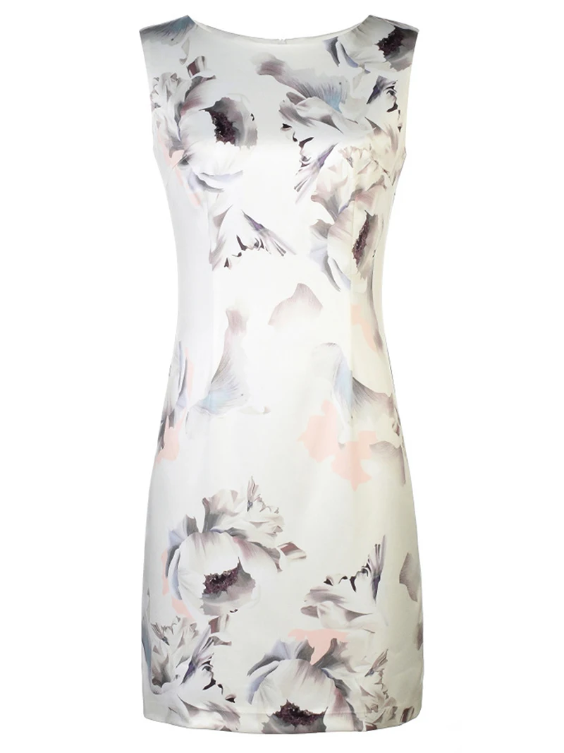 Flower Print Women Sheath Dress Round Neck Sleeveless Casual Summer Dresses