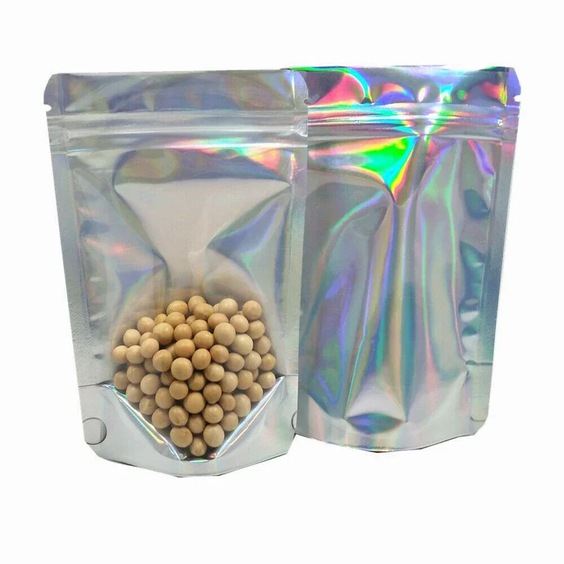 Półprzezroczysta laserowa folia aluminiowa stojąca na zamek błyskawiczny górne woreczki Doypack przezroczysty przód holograficzny Mylar Zip Lock torby do pakowania — zdjęcie 2