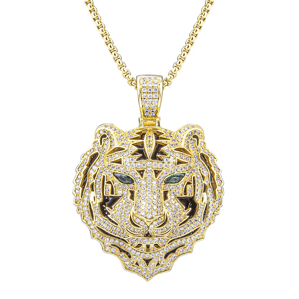 

Hip-Hop Ice Out Zircon Green-Eyed Big Tiger Head Pendant Beast Animal Necklace Men Women Jewelry Gift