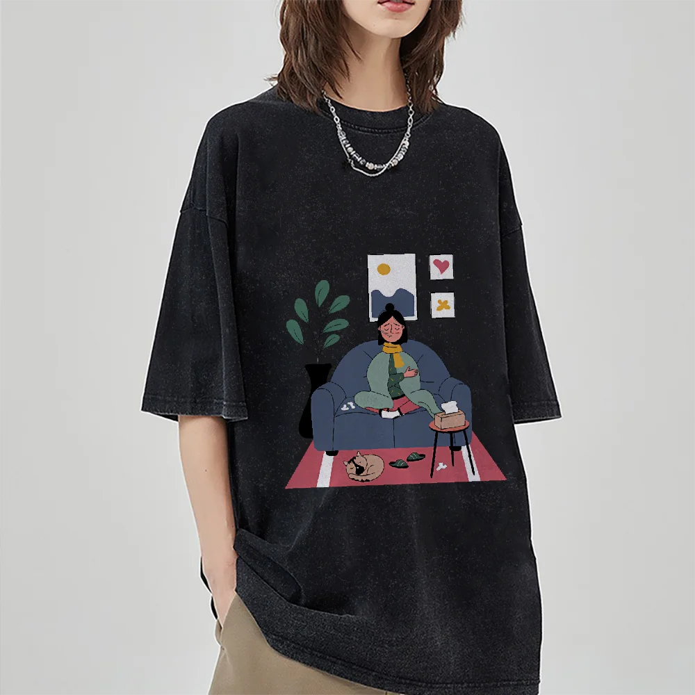 

Мужская и женская винтажная стираная футболка с круглым вырезом и уютной графикой для домашней сцены FL, брендовая повседневная летняя мягкая футболка для повседневной носки