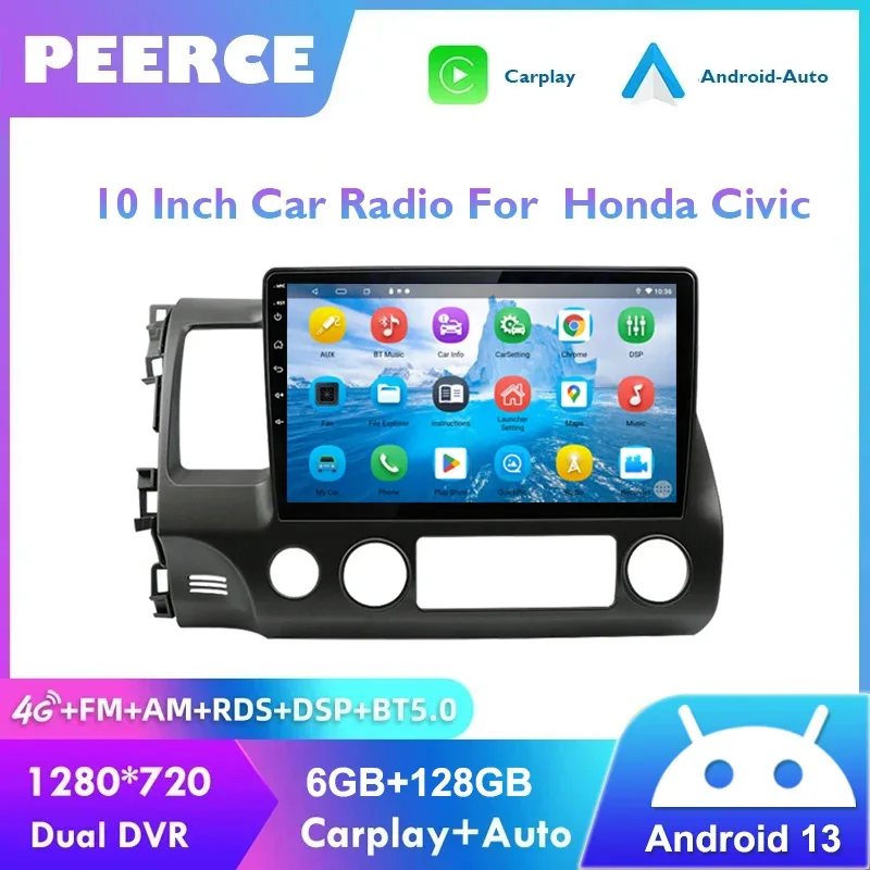 

PEERCE 2din Android 13.0 Car Radio Multimedia Player For Honda Civic 2005-2012 Navigation GPS Audio Stereo 4G Carplay Head Unit