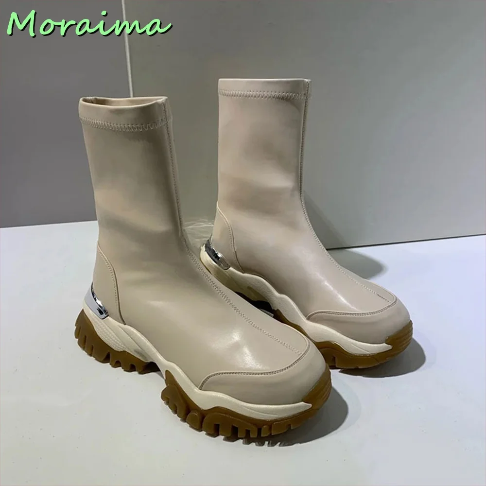 

Metal Decor Thick Bottom Ankle Boots Slip On Leather Round Toe White Solid Fashion Motorcycle Boots Women Shoes Cool Autumn New