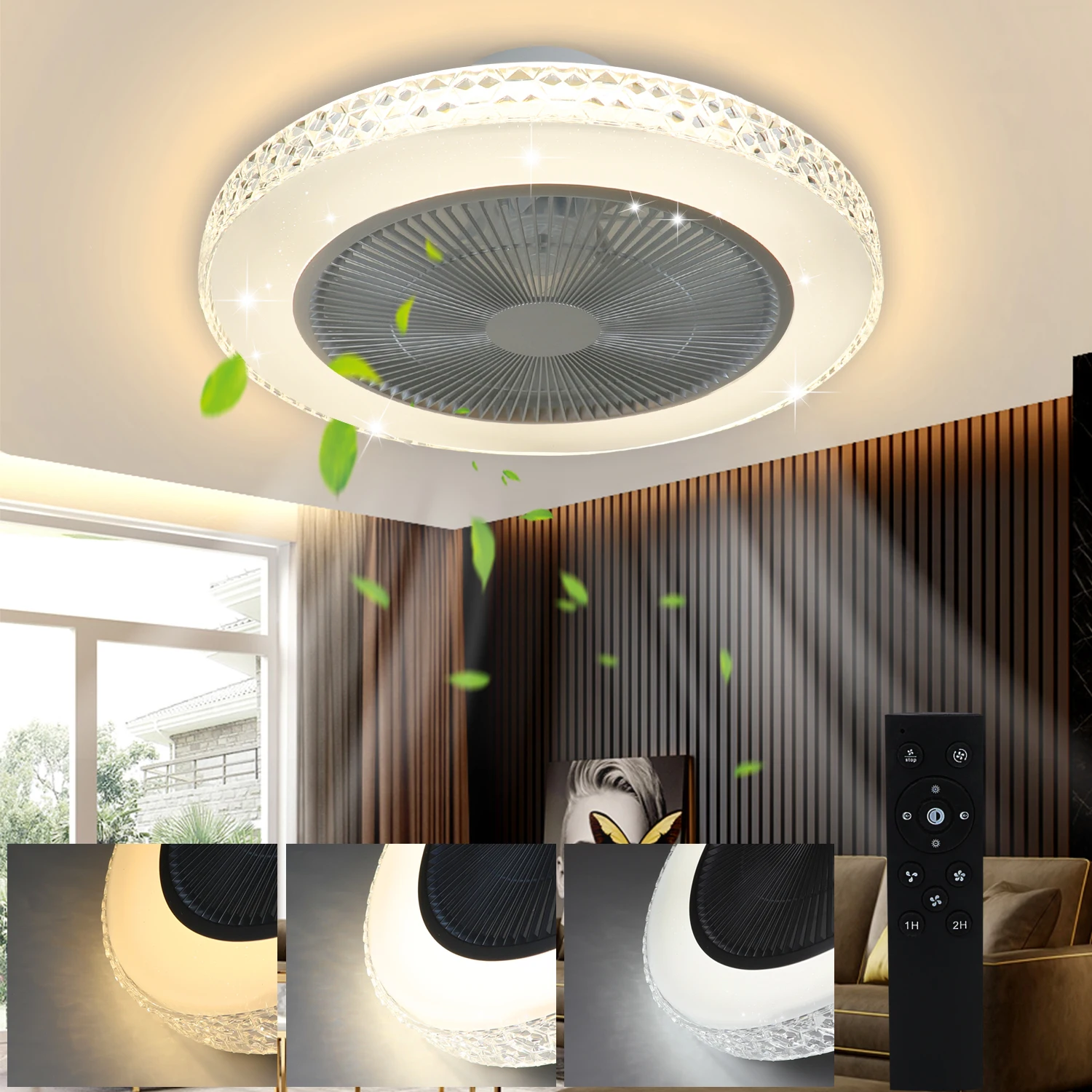 Kristall-Deckenventilator mit Licht, Fernbedienung, dimmbarer LED-Beleuchtung (3000K-6500K), Sternenhimmel-Effekt, 6 Geschwindigkeiten, 2-Stunden-Timer, leise, 48,5 cm, für Schlafzimmer