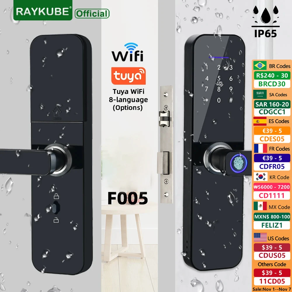 

RAYKUBE F005 IP65 Waterproof Tuya Wifi Electronic Smart Door Lock With Fingerprint/Smart Card/Password/Key/TT Lock APP Unlock