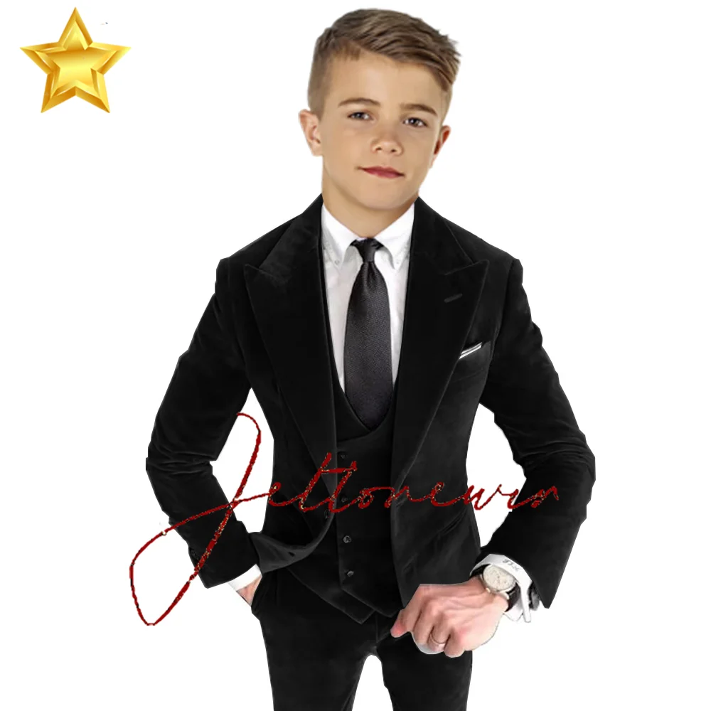 Boys Velvet 3 Piece Suit Peaked Lapel Two Button Tuxedo Slim Fit Blazer Vest Pants for Wedding Kids