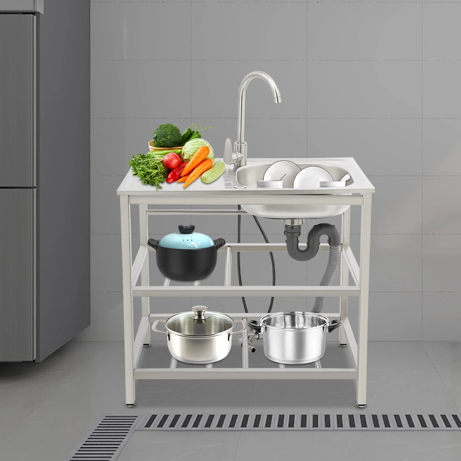 Stainless Steel Kitchen Sink, Freestanding Outdoor Kitchen Utility Sink, Stainless Steel Sink with Faucet, Large-Capacity working Sink, with Storage Rack-Hot and Cold Faucet-Load