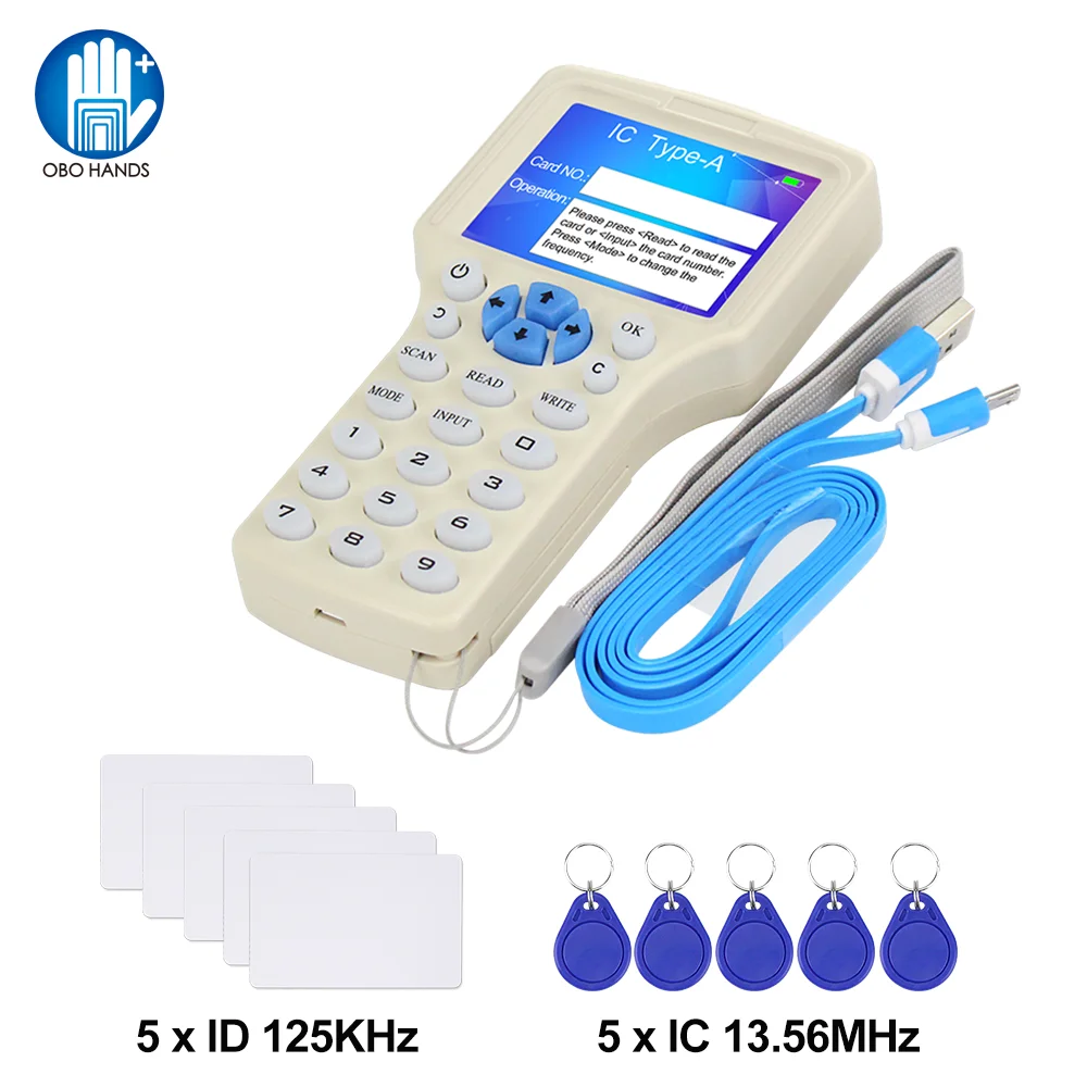 

English 10 Frequency RFID Copier Duplicator 125KHz Key fob Smart Card Reader Writer IC/ID 13.56MHz Encrypted Programmer USB LCD