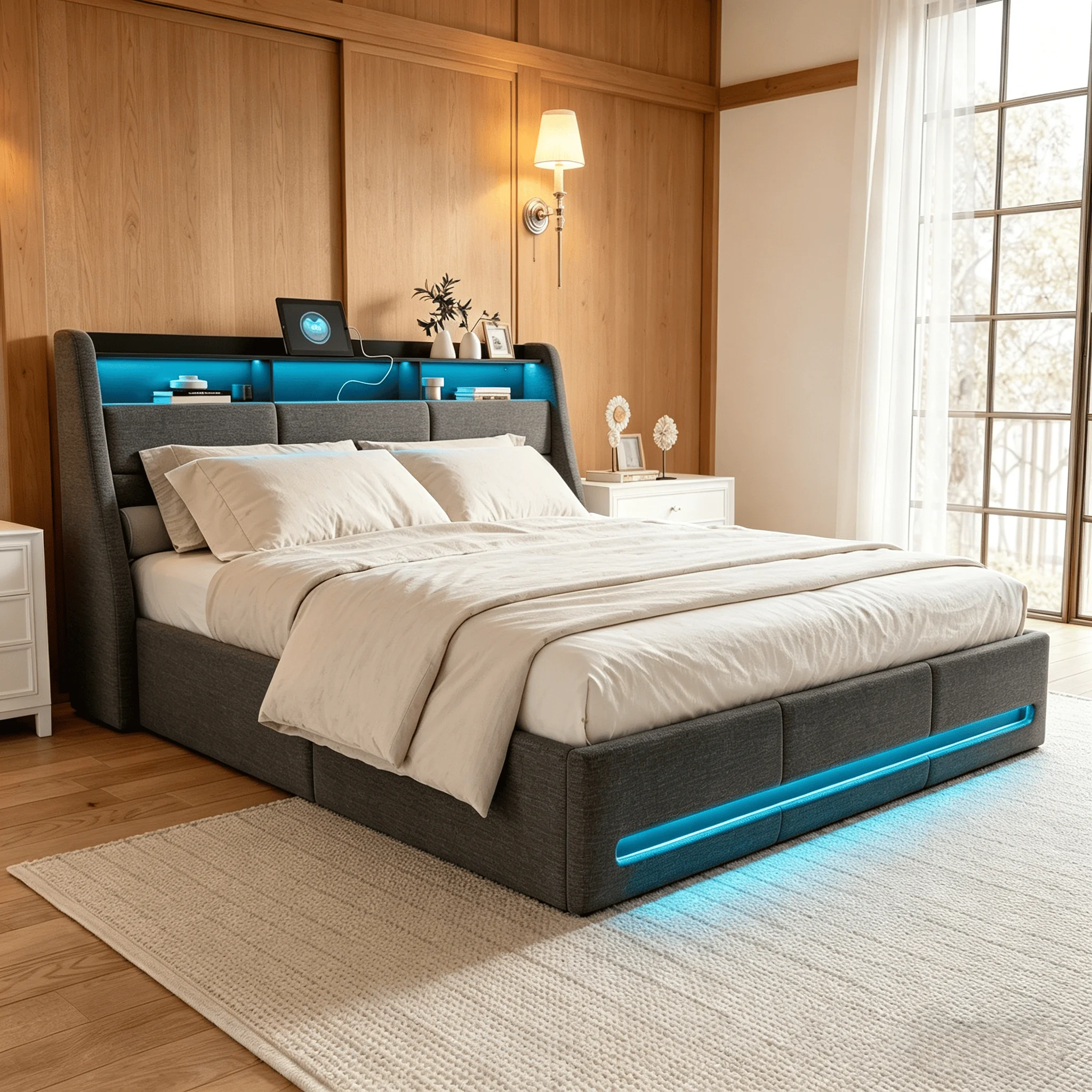 Lit rembourré 160x200, lit avec rangement hydraulique, lit double avec sommier à lattes et tête de lit, avec LED et USB, Gris