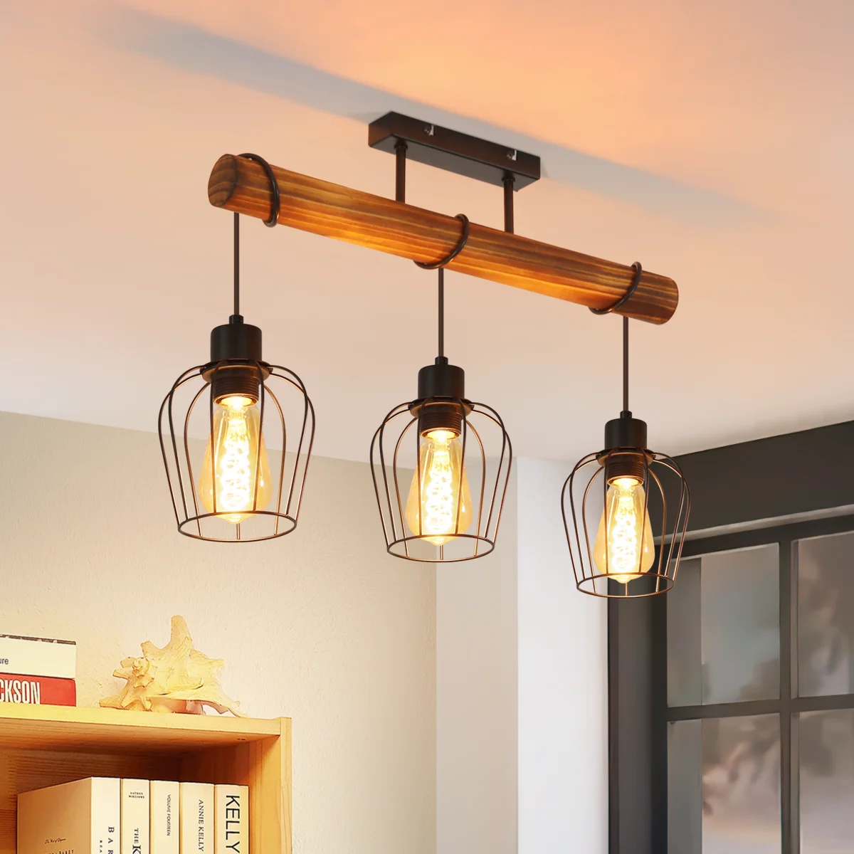 Retro Industrielle Pendelleuchte 2/3/4 Lichter Holz und Metall Schwarze Rechteckige Deckenlampe Höhenverstellbar Käfigschirm E27 Fassung Strahler Vintage Kronleuchter für Wohnzimmer Esstisch Küche Bar