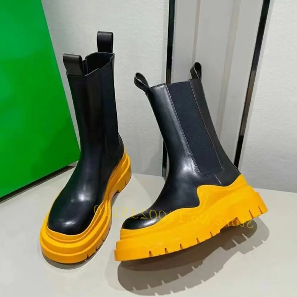 

Patchwork Sole Leather Mid Boots Women Trending Winter Concise Waterproof Boots Outfit Female Mixed Colors Slip On Short Boots