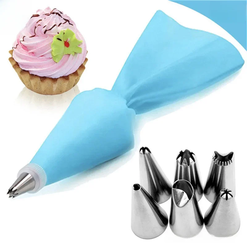 1/8 pièces/sac Silicone glaçage passepoil crème pâtisserie sac + 6 buses de gâteau en acier inoxydable bricolage conseils de décoration de gâteau Fondant outils de pâtisserie