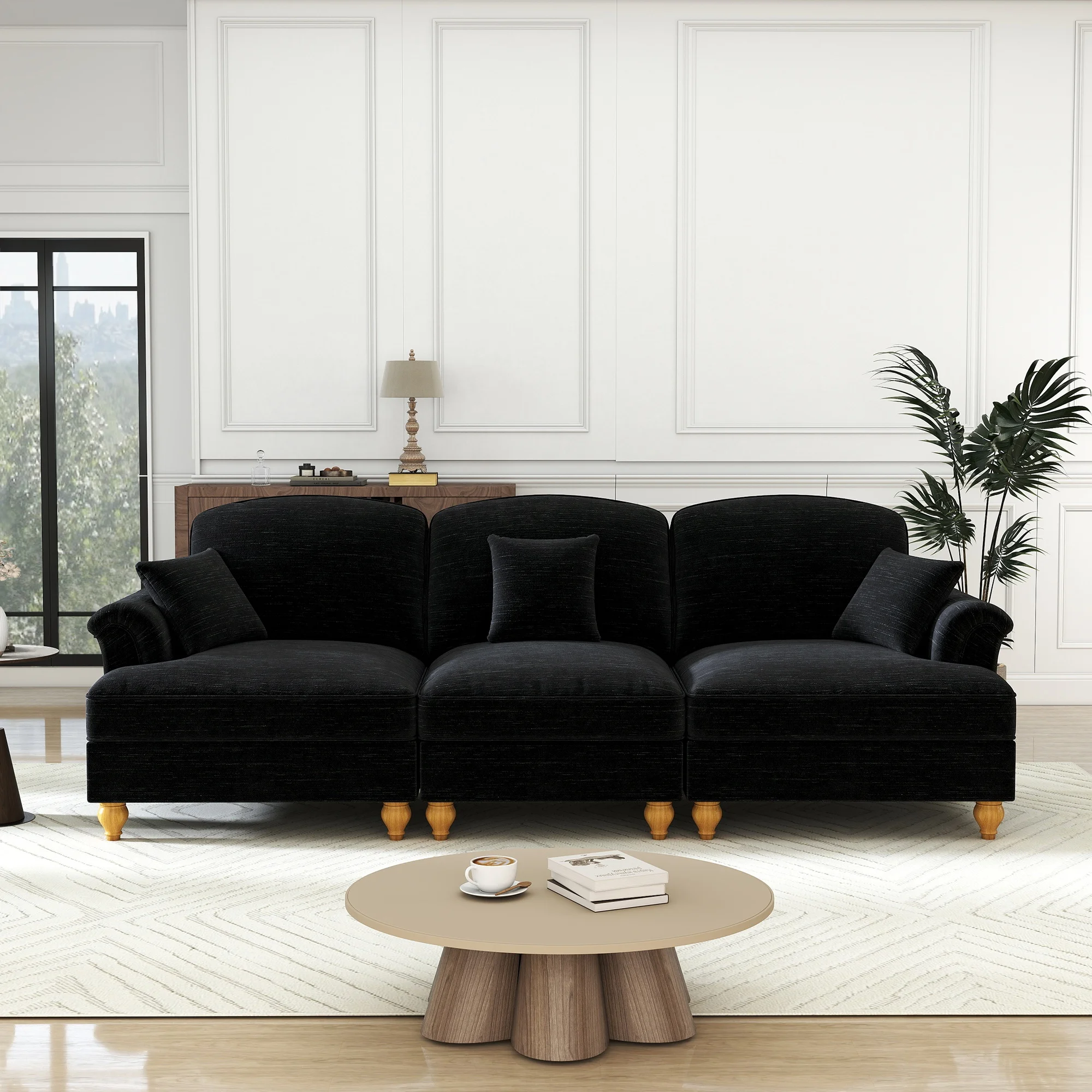 Sofá recto de 3 plazas, con funda extraíble y cojín móvil, estructura estable, para salón, asiento envolvente, chenilla negra