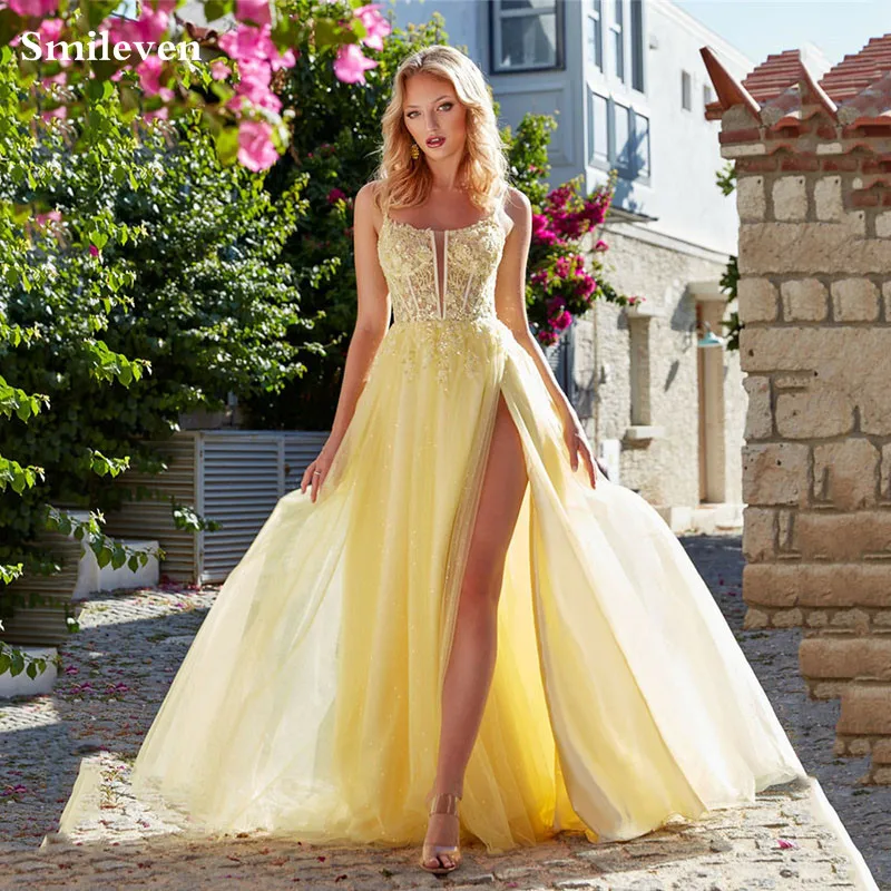 

Smileven Sleeveless Yellow Prom Dresses robe de soirée Lace Spaghetti Strap Side Split Evening Dresses Girls Party Gowns 2024