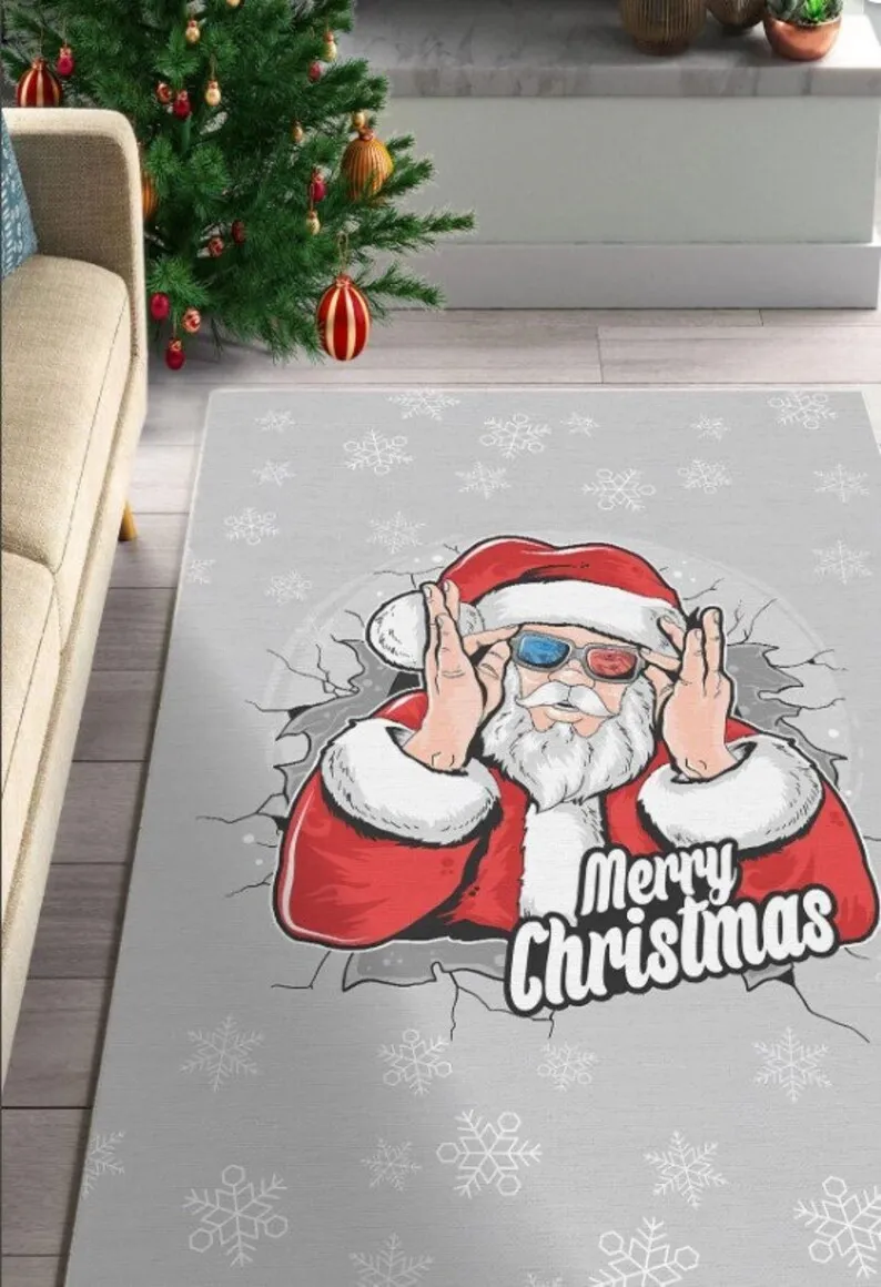 Santa Claus With 3d Glasses Themed Cartoonish Carpet, Merry Christmas Themed Fun Carpet