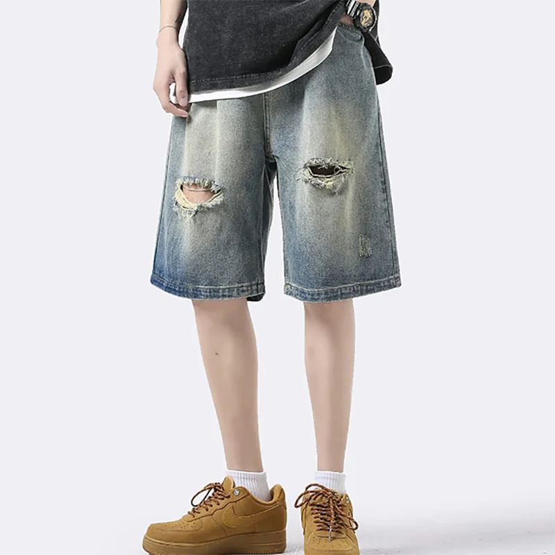 

Men Ripped Jeans Shorts Y2K Streetwear Retro Trendy Straight Leg Mid Waist Denim Short Summer Designer Popular Original Pants