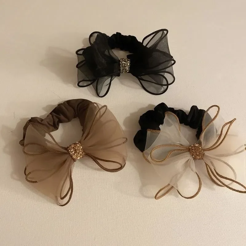 Nowa siatka Rhinestone Bow gumki do włosów Scrunchies kobiety dziewczęta elastyczne gumki do włosów nakrycia głowy wstążka kokardka włosy w koński ogon akcesoria — zdjęcie 2