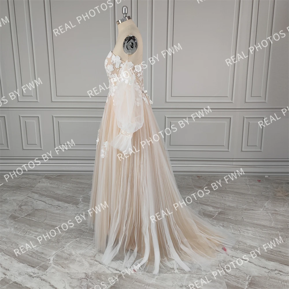 2220 #   100% personalizado Boho desmontable mangas abullonadas apliques de encaje vestido de novia sin tirantes para mujer vestido de novia de tul Línea A