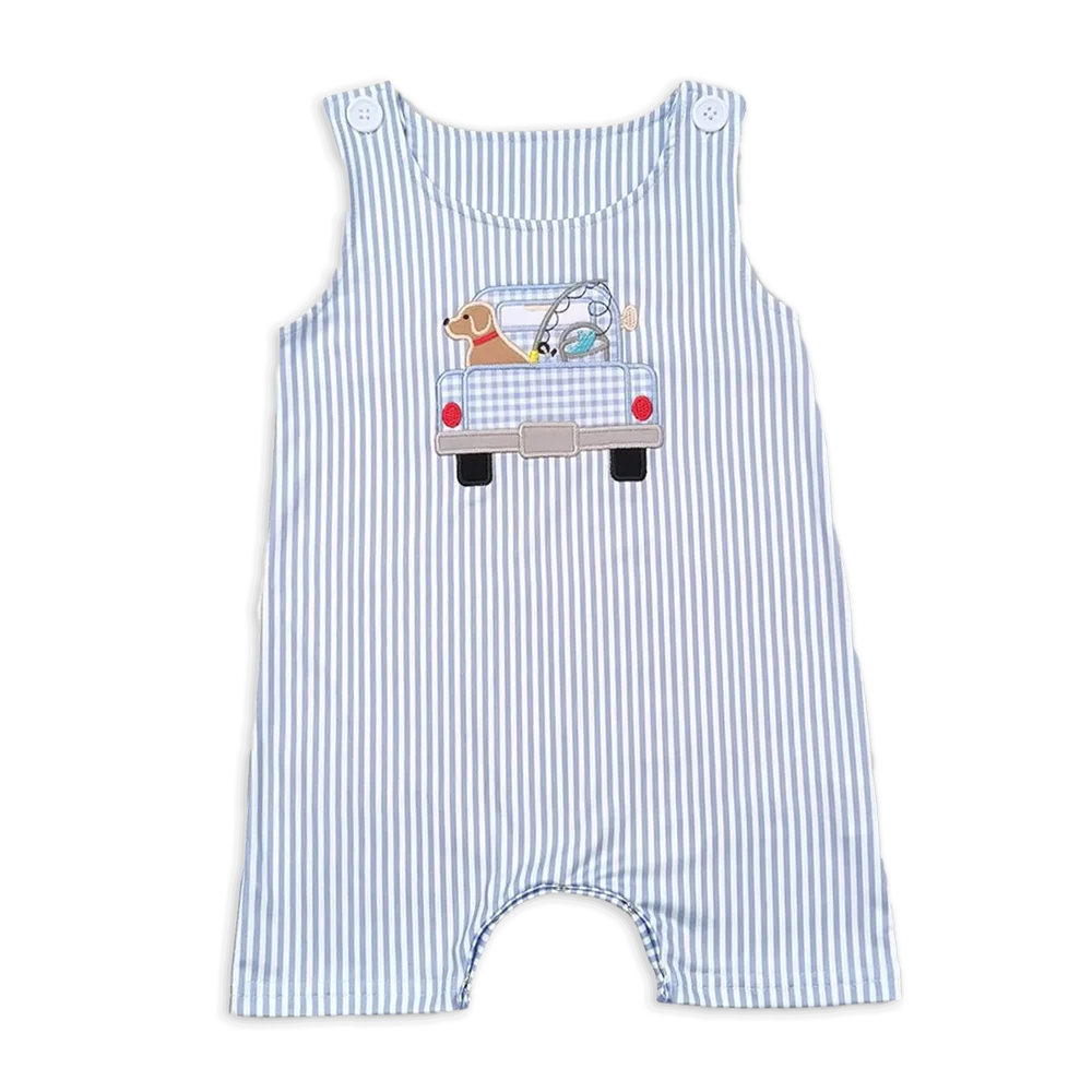 

SR1170 Baby Boys Summer Rompers Baby Infant Boys Blue Stripes Dog Fishing Summer Sleeveless Rompers