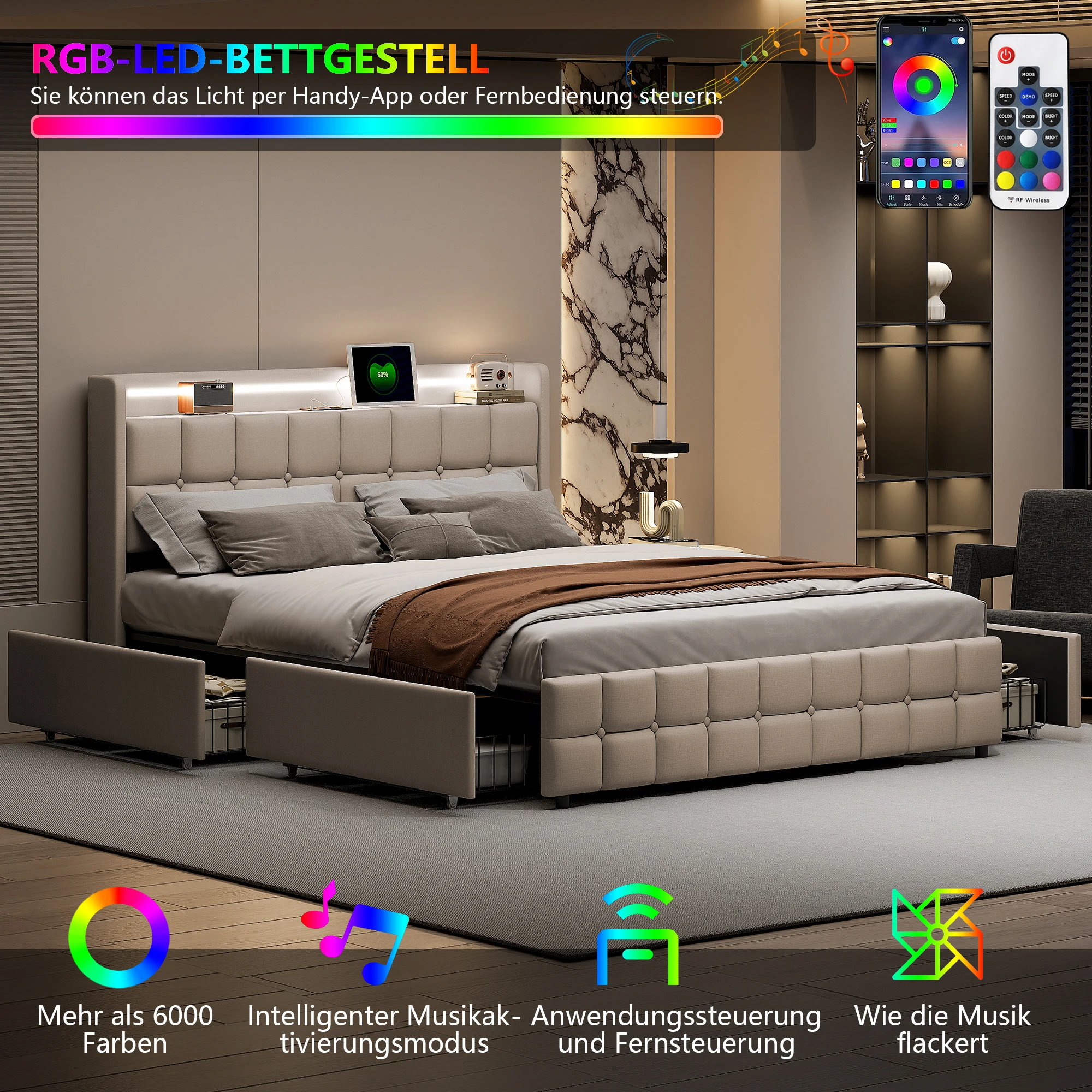 Base de Cama Tapizada con LED