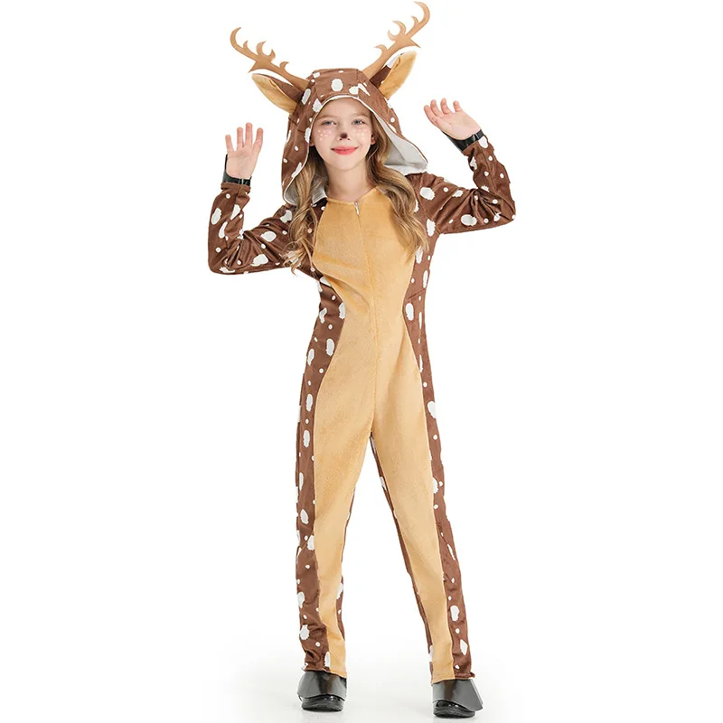 Reindeer Costume Women Christmas Rudolph Polka Dot Animal Cosplay Fleece Romper Girls Deer Costume