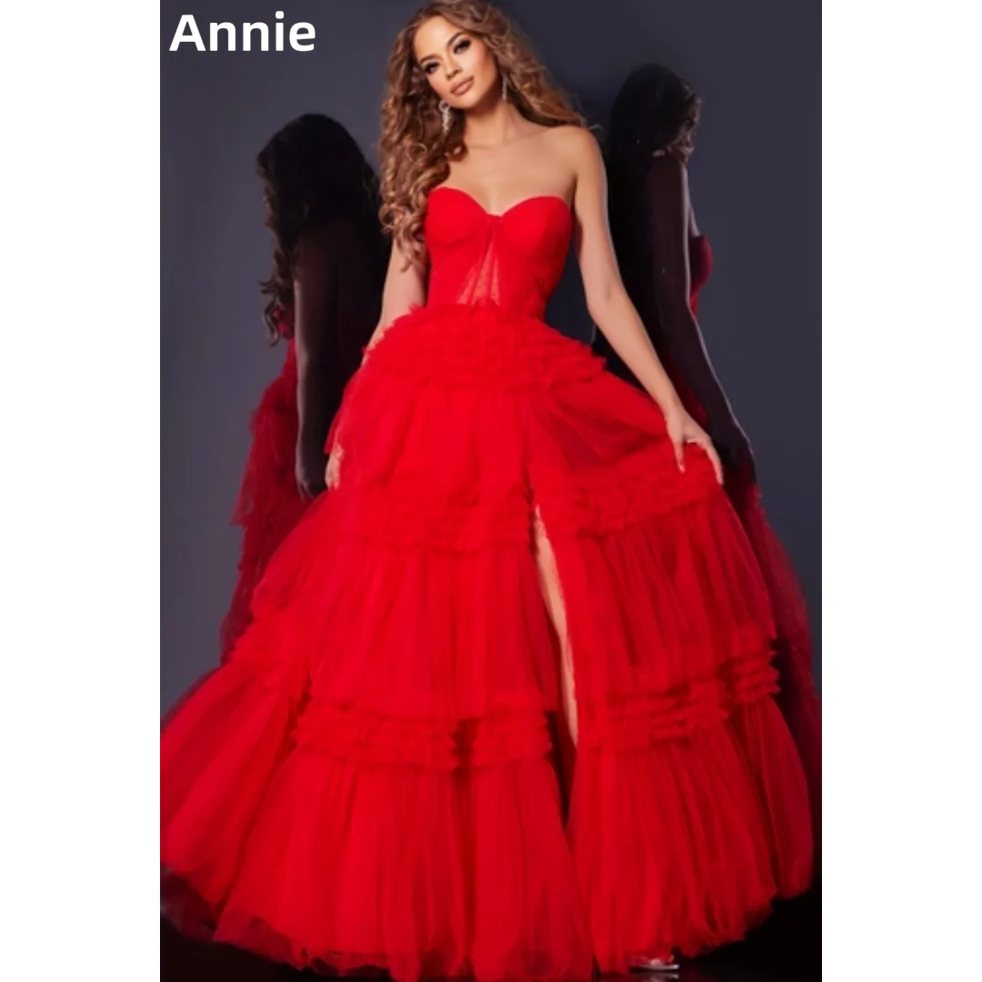 

Annie Exquisite Red Prom Dresses Fishbone Многослойные вечерние платья из тюля ручной работы с открытыми плечами и разрезом по бокам А-силуэта فساتين سهرة
