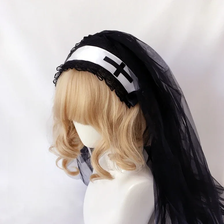 Lolita nakrycie głowy nocny kościół dziewica krzyż haftowany szal welon gothic lolita — zdjęcie 2