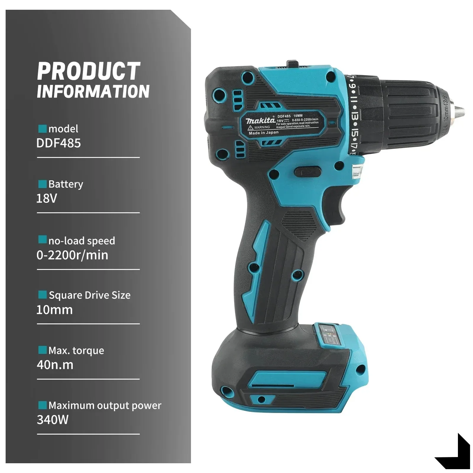 マキタ DDF485 コードレスドリル：18V、40N.mトルク、0-2200RPM、1/2インチオートロックチャック、ブラシレスモーター、ネジ締めと穴あけに最適