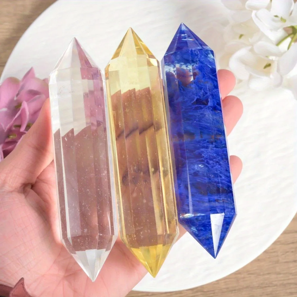 1pc 12-Hedron Vogel Clear White Quartz Double Pointed - Polished Blue Smelting Tower, Yellow Healing Crystal Point, Home Decor