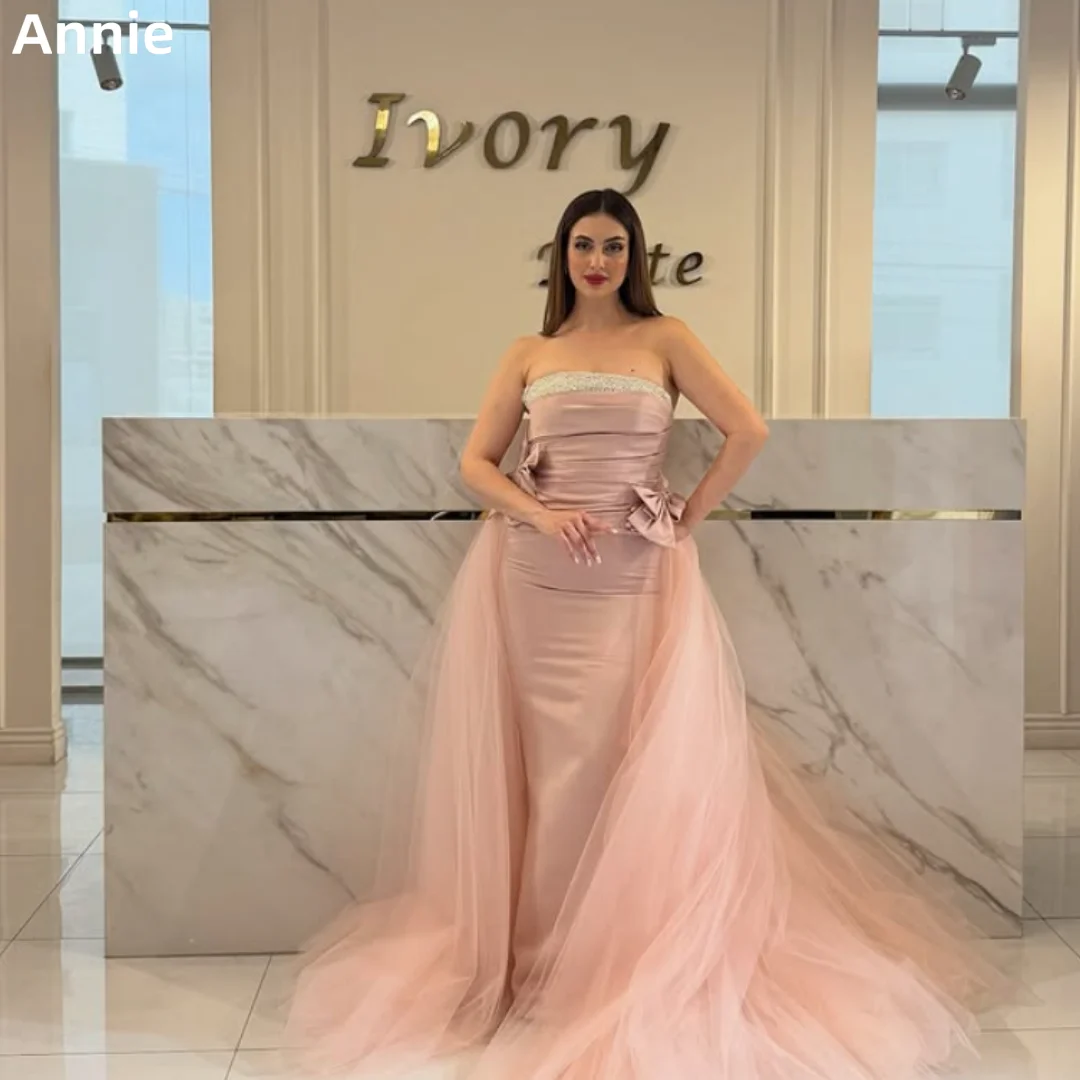 

Annie Великолепные розовые платья для выпускного вечера Плиссированные вечерние платья ручной работы с бантом из тюля Русалка Вечерняя вечеринка Формальный случай فساتين سهرة