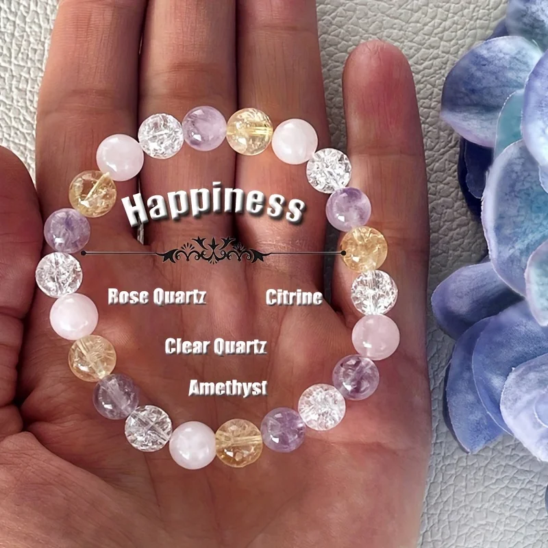 1pc/Love and Happiness Stone Beaded Bracelet Healing Crystal Bracelet, Rose Quartz, Clear Quartz, Citrine, Amethyst Beaded Jewel