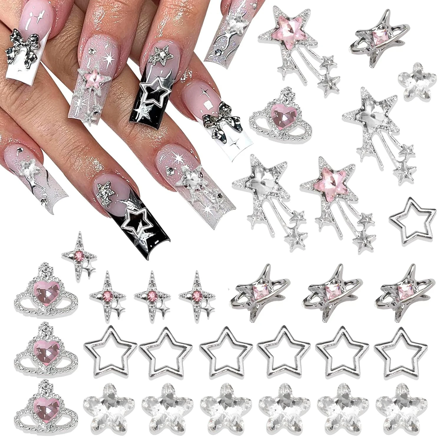 40PCS Star Nail Charms Silver 3D Star Charms Pink Nail Rhinestone Multi Style Nail Art Jewelry Dangle Stars Nail Decoration Y2K