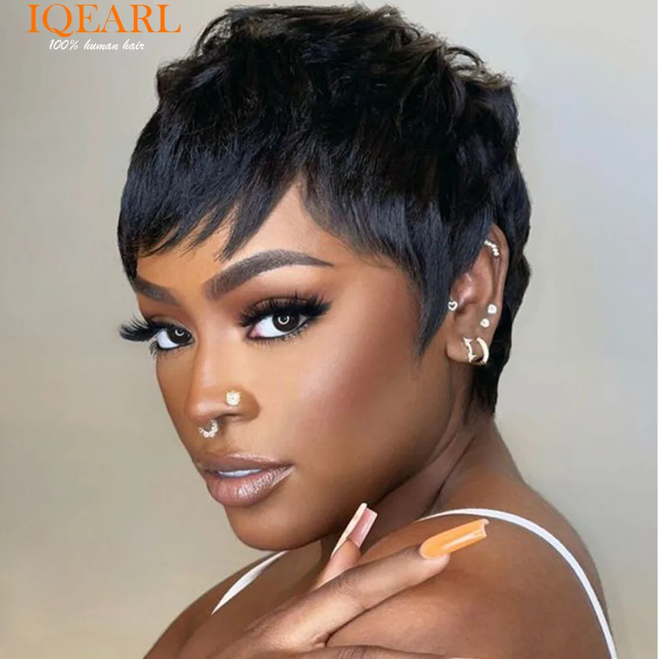 Short Straight Human Hair Wigs With Bangs Natural Color Brazilian Remy Hair Pixie Cut Wig Cheap Human Hair Wig For Black Women