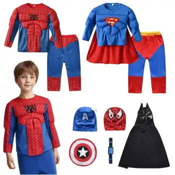 MINISO Spiderman Captain America Batman Cosplay Kostüm für Kinder Superhelden Muskelkostüm Maske Umhang Halloween Karneval Kleidung 10 best sales Batman Fantasia - №5