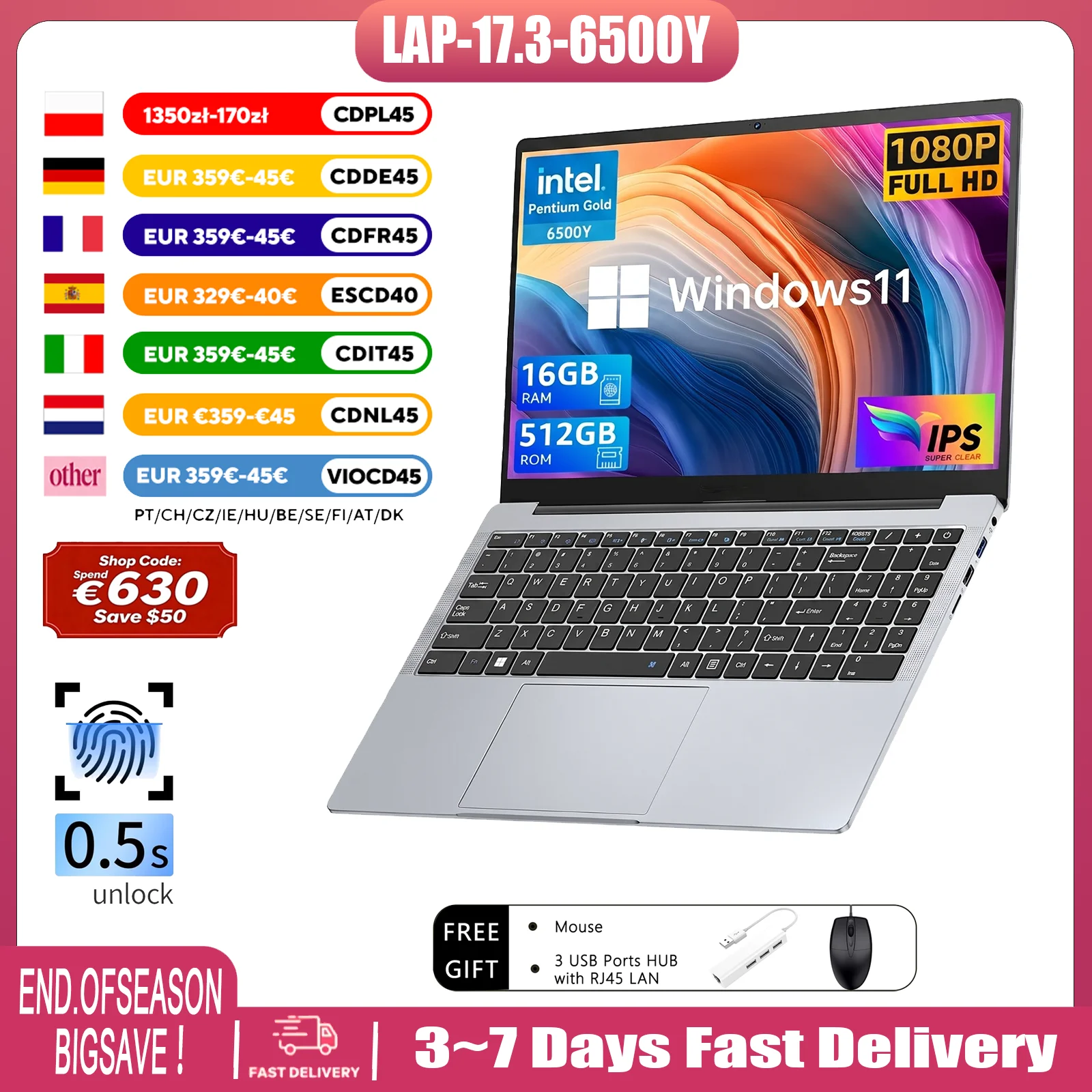 Laptop LAP-17.3-6500Y-16G-512G, Intel Core Processor tot 3.1GHz, 16GB DDR4/DDR5 + 512GB SSD, 16" FHD IPS 93% Scherm-tot-lichaam-verhouding, Windows 11 Pro, 8H Batterij, 0.5s Vingerafdruk Ontgrendeling