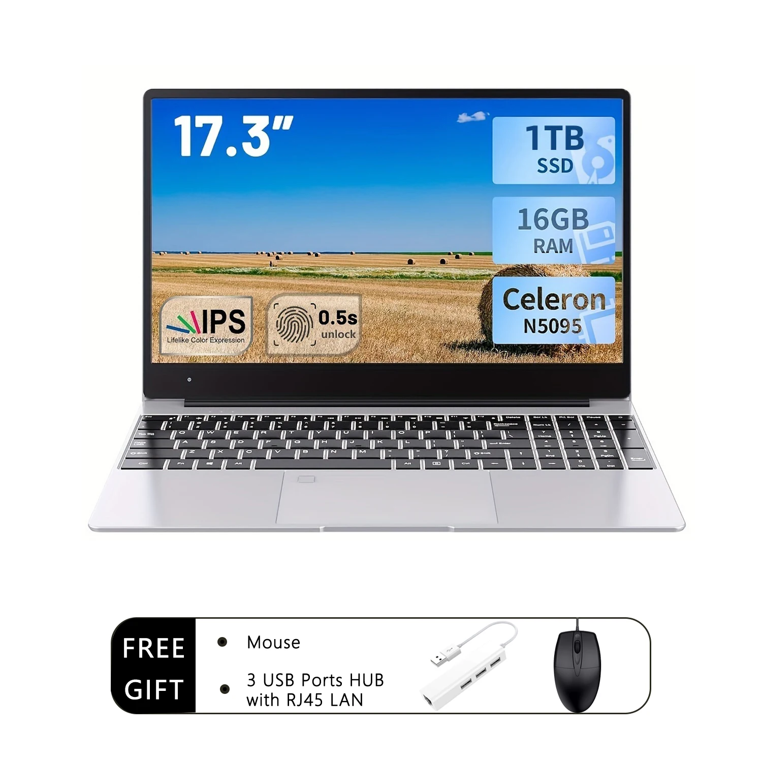2025 nuevo ordenador portátil de 17,3 pulgadas 16GB RAM 512GB 1TB SSD Intel N5095 portátil teclado retroiluminado ligero huella digital Windows 11