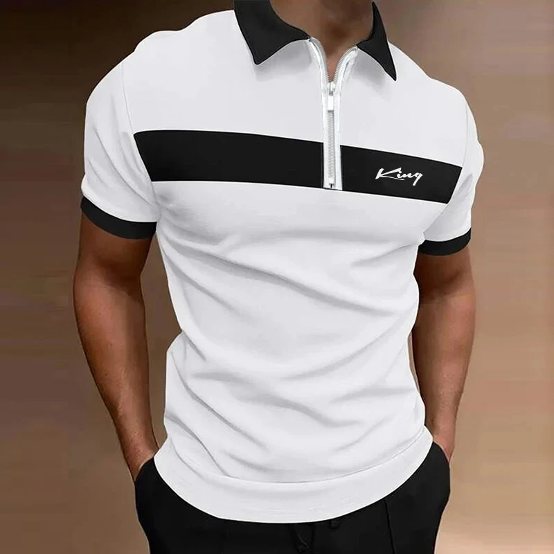 Men\'s Polo Shirt Zip Polo Short Sleeve Vacation Summer Spring Zipper Print Collar Black White Red Micro-elastic Polyester