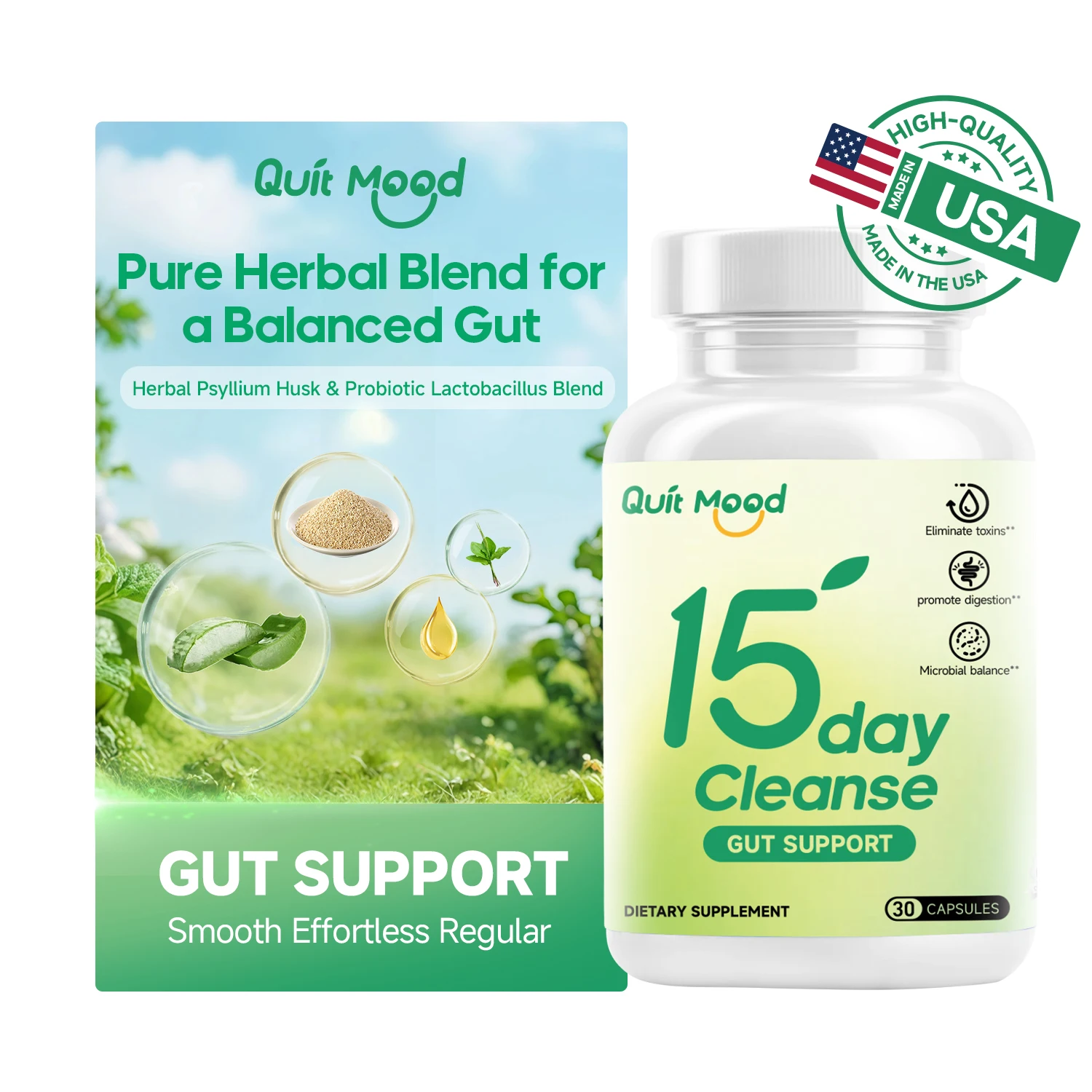 Quitmood 15 Day Cleanse | New Green Bottle | Gut and Colon Support For Men And Woman | Removes Waste | Healthcare Edible