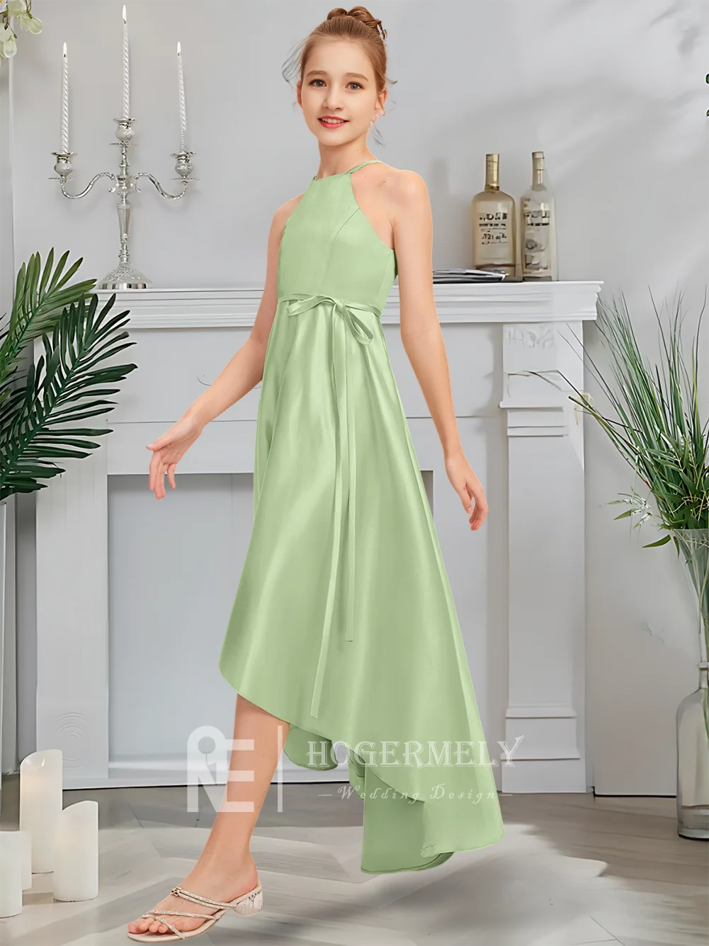 

A Halter Junior Bridesmaid Dress Twilight Blue Flower Girl Dress Asymmetrical Satin With Cascading Ruffles Wedding Party