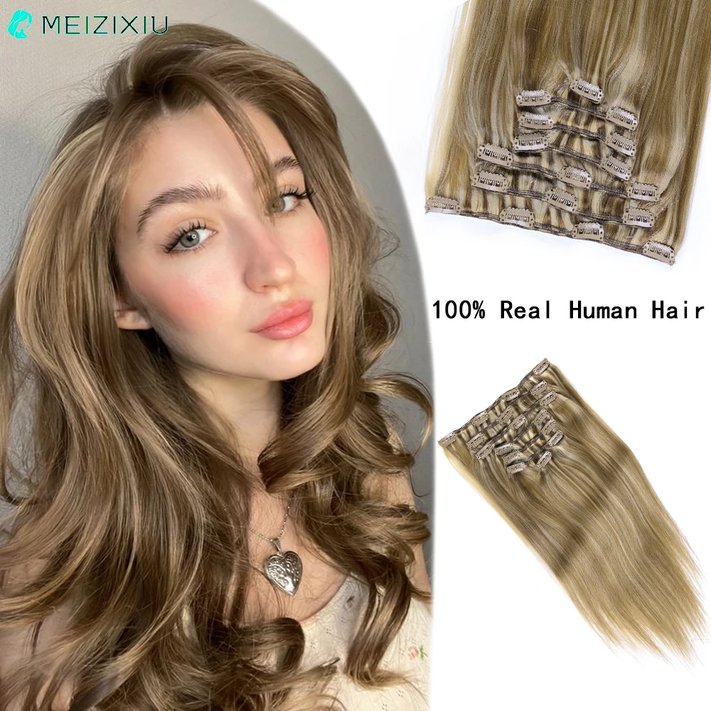 Clip In Human Hair Extensions For Woman 100% Remy Real Hair Clip-On Hair Highlight Blonde 613 Color 7PCS Clip Hair 14 to 24 Inch