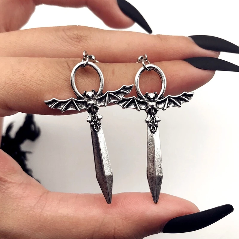 Silver Sword Drop Earrings- Bat Earrings - Medieval Jewelry- Alternative Style- Metal Bat Jewelry- Metal Sword Jewelry- Goth