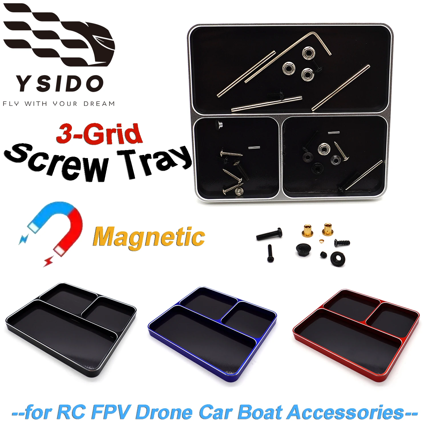 

Aluminum Alloy Magnetic 3-grid Storage Box Screw Tray 97mm*11mm Maintenance Tool Magnetic Screw Disk for RC FPV Drone Car Boat