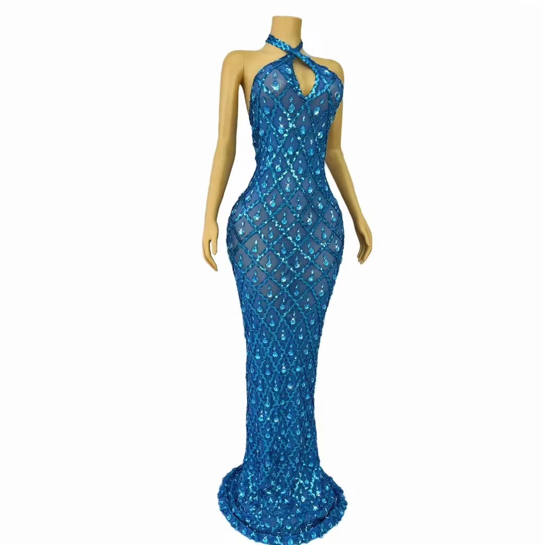 Women Sexy Halter Mesh Crystal Diamonds Maxi Long Dress Birthday Party Costume Bar Nightclub Singer Stage Performance Dresses